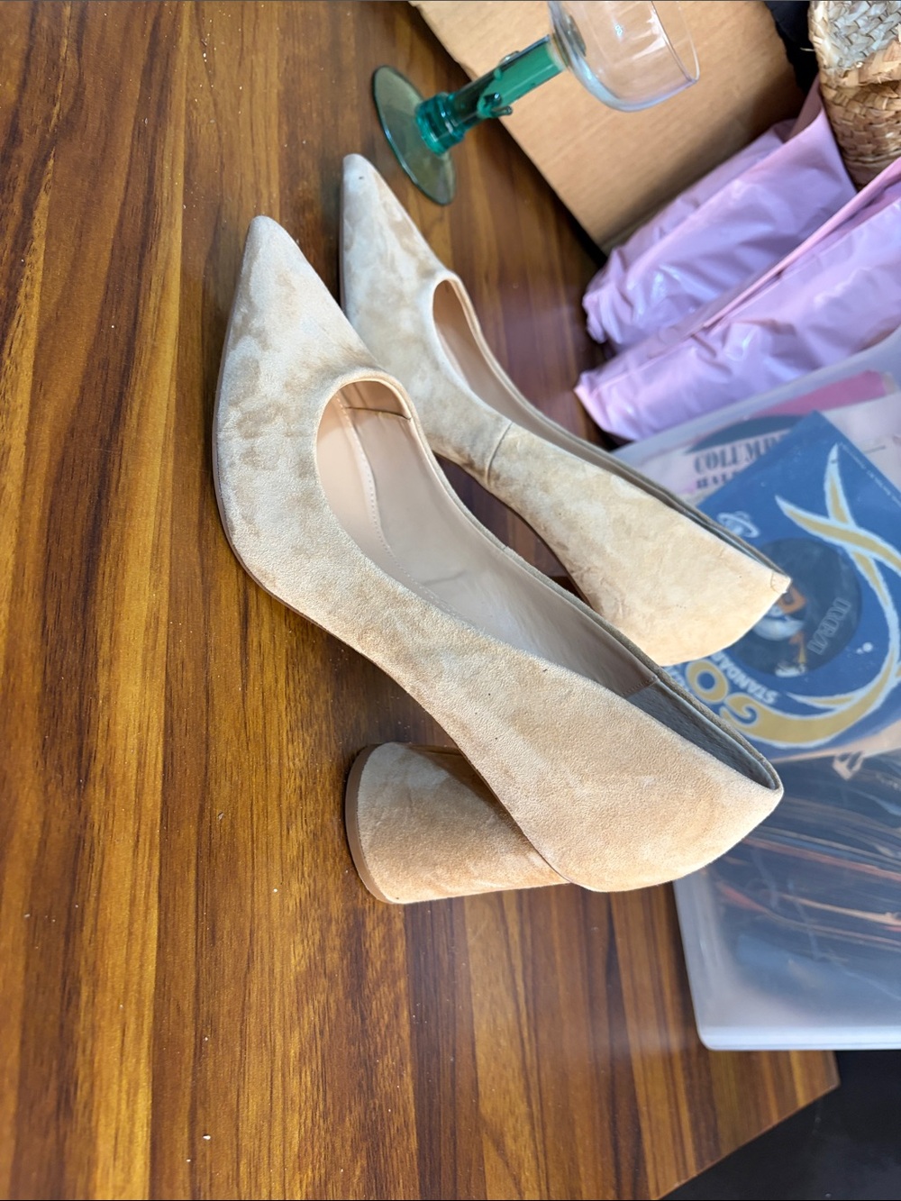 Steve Madden Suede Pointed Block Heel Pumps in Light Beige